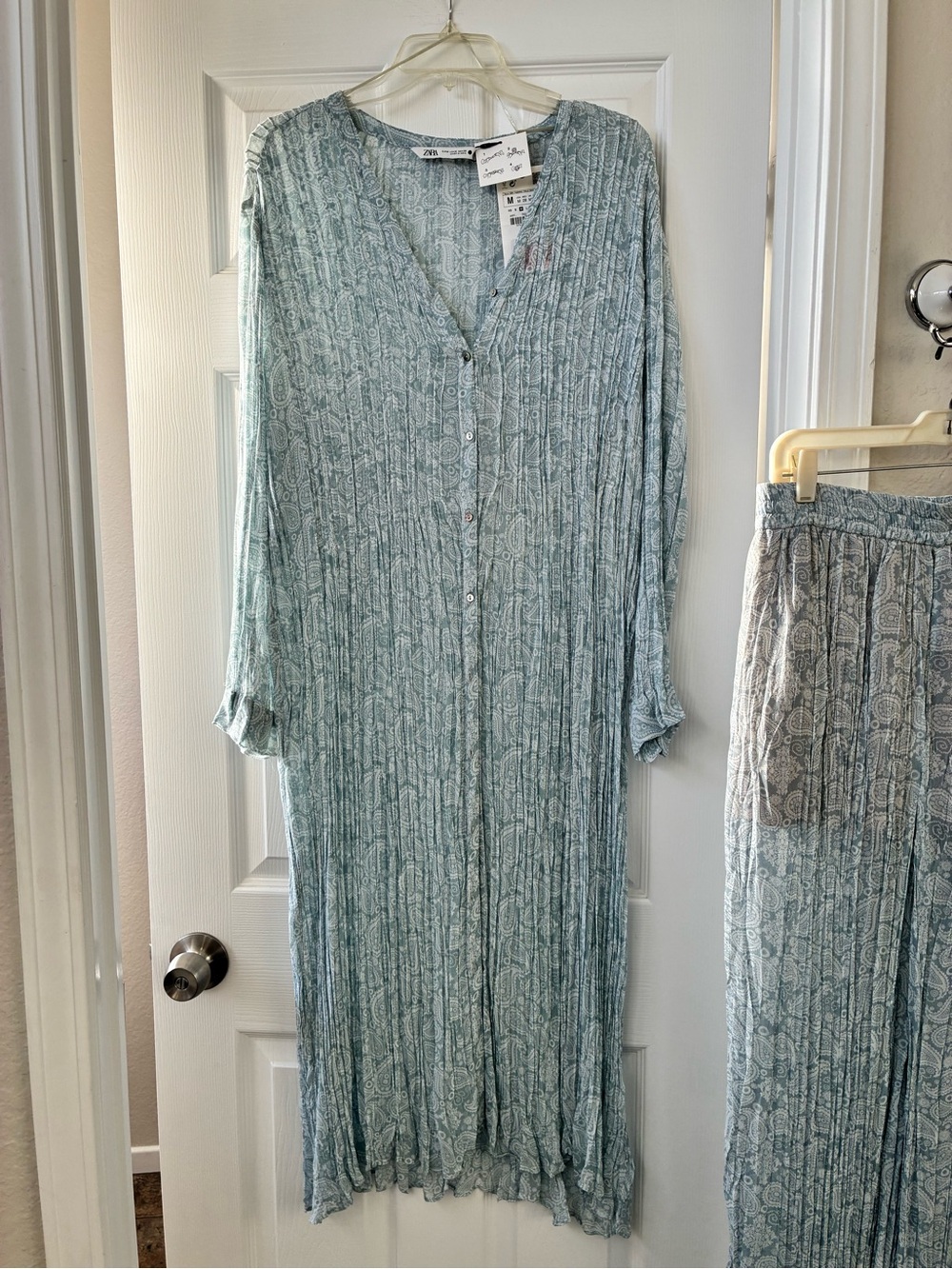 ZARA Pale Blue Paisley Button-Front Maxi Shirt Dress and matching pants